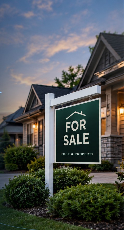 A Post & Property sign post in front of a house for sale
